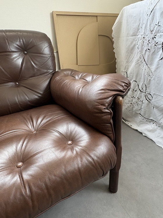 Image 1 of Vintage leather & rosewood mid-century Brazilian Brutalist style armchair