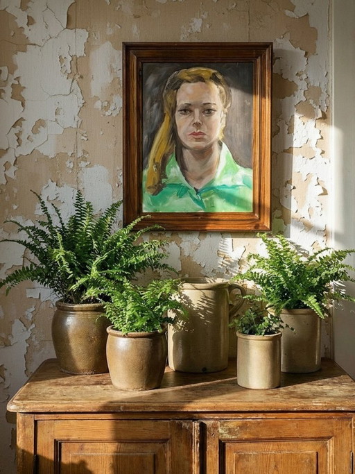 Vintage portrait "The Woman in Green", oil on canvas board, wooden frame