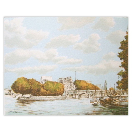 Jean KEIME Litografía El Pont-Neuf y la Pointe du Vert-Galant 1990