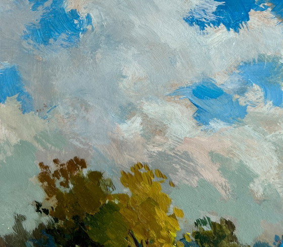 Image 1 of Origineel olieverfschilderij: Zomerlandschap: Een meisje loopt in een veld.
