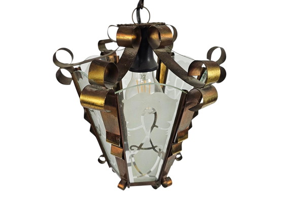Image 1 of Art Déco - Lampada a sospensione a lanterna - ottone - vetro satinato