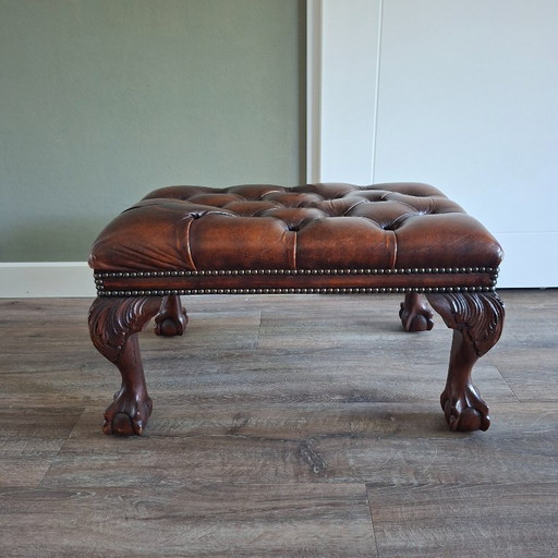 Poggiapiedi Chesterfield in pelle. Anni '70. – hockers en poefs, Leather, Wood