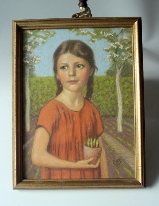 1920 - Antieke pastelkrijttekening "Portret van een jong meisje in de tuin".