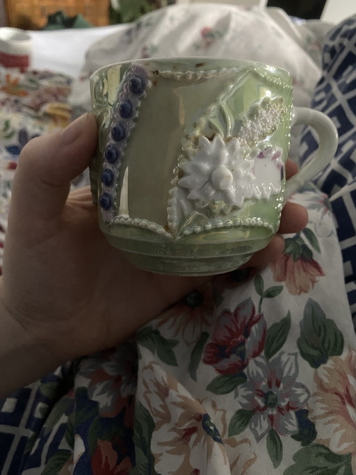 Antique collector's cup, Art Nouveau/Historicism, relief flowers - mother-of-pearl