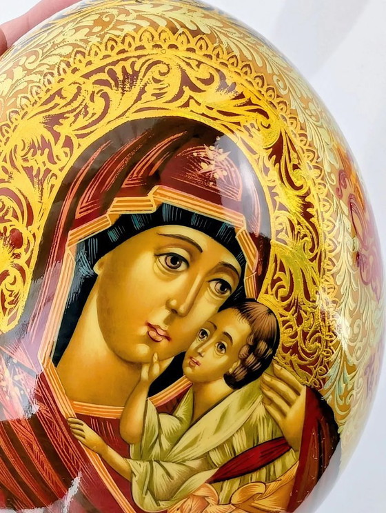 Image 1 of Hand-Painted Icon Egg – Virgin Mary & Child, Religious Wooden Easter Egg, Christian Home Decor Gift