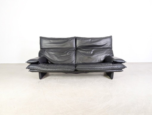 Sofá italiano vintage de 2 plazas, sofá de diseño, cuero negro, década de 1980.