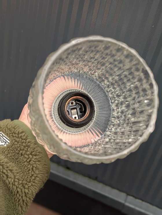 Image 1 of Lampada a sospensione vintage in vetro ghiacciato con supporto in alluminio