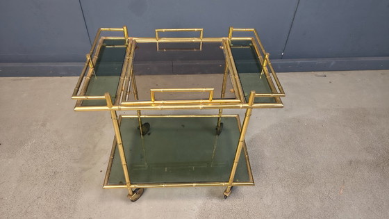 Image 1 of Chariot de service vintage en laiton imitation bambou, années 1960