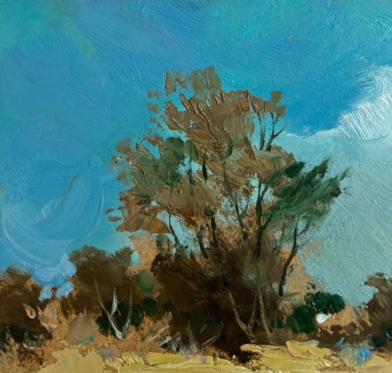 Image 1 of Origineel olieverfschilderij: Kustlandschap langs een rivier, wandelend nabij een bosvijver.