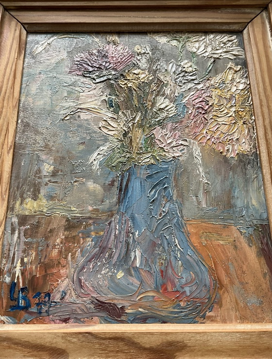 Vintage Floral Oil Painting with Impasto, Signed LB, 1977, Paintings & Drawings, Wood, Blue (photo 2 of 7)