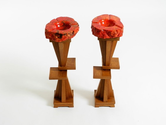 Image 1 of Two Unique Mid-Century Standing Ashtrays Consisting of Red Alabaster Cup with Beautiful Wooden Stand with Shelves