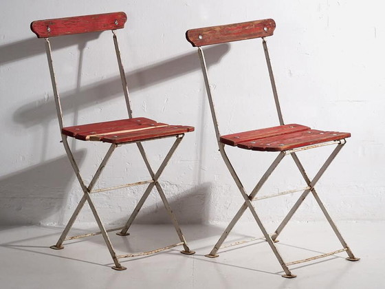 Antique red garden folding chairs (c.1920). Set of 4 pieces – Garden chairs, Wood, Iron (photo 32 of 40)