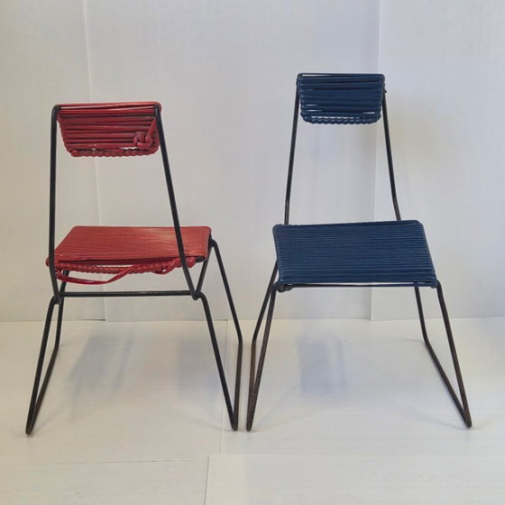 Image 1 of SET OF 3 VINTAGE 1950S METAL & PLASTIC SCOUBIDOU CHAIRS 50S ROCKABILLY
