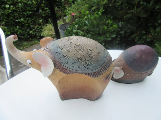 Image 1 of 2 Elephant Statues Figurines Ceramic Stoneware Mid Century Modern