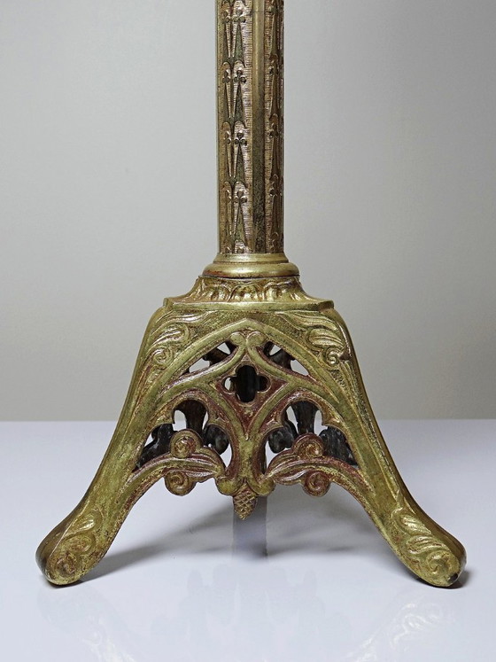 Image 1 of Large pair of antique gilt bronze candlesticks, 19th-century Gothic style