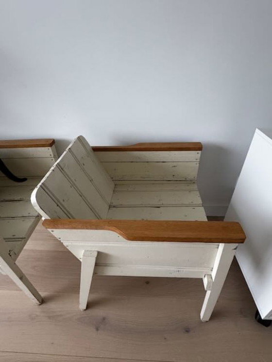 Image 1 of 2 low Piet Hein Eek bucket chairs/armchairs made of reclaimed wood, white