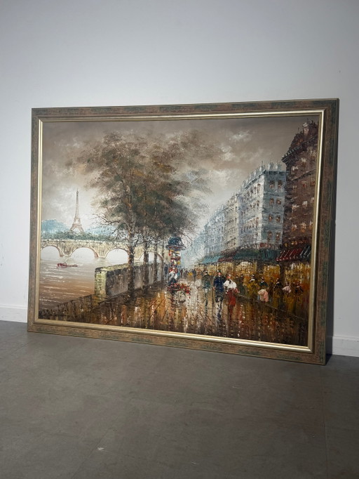 Large Paris Street Scene Oil Painting – Signed Burnett – schilderijen tekeningen (photo 2 of 7)