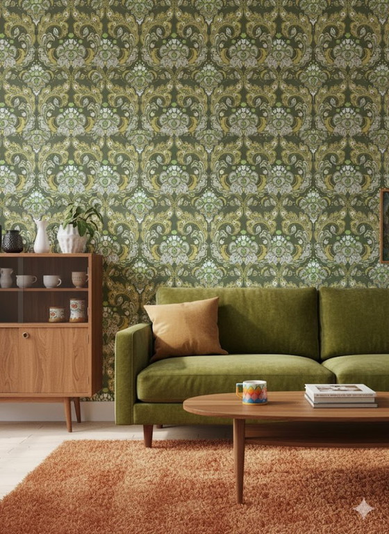 14297 Papier Peint Vintage Baroque New Old Stock Vert Olive Jaune Blanc – Décorations murales, Paper (photo 8 of 9)