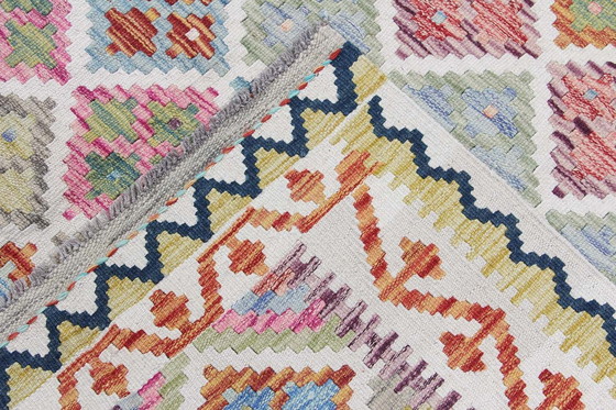 Image 1 of Kilim afghan tissé à la main - 198 x 154 cm - Nouveau & 100% laine - Motifs de losanges multicolores