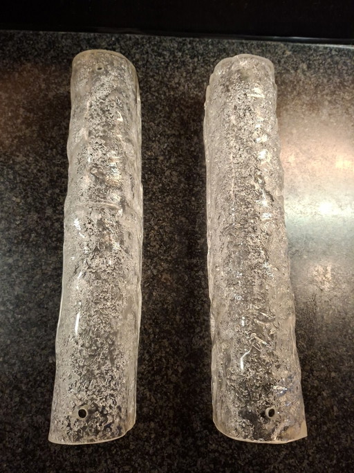 Set of 2 Vintage Ice Glass Wall Lamp Shades – Hillebrand Style – 1970s