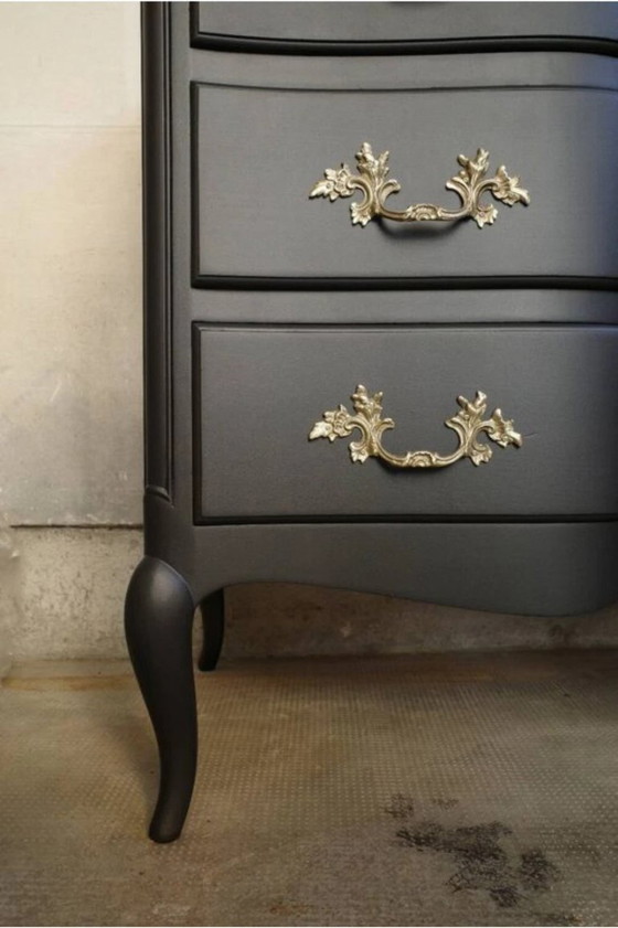 Vintage French commode, black chest of drawers with brass handles, Wood, Metal, Rococo (photo 4 of 5)