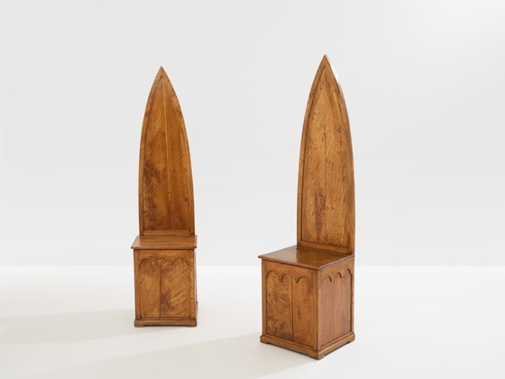 Image 1 of Andrea Salvetti pair of neo-gothic chairs solid pine 1994