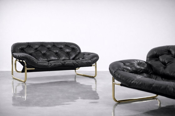 Image 1 of Vintage Mid-Century Scandinavian Modern Glamour Leather Black & Gold Sofa by John-Bertil Häggström for Swed-Form, 1970s