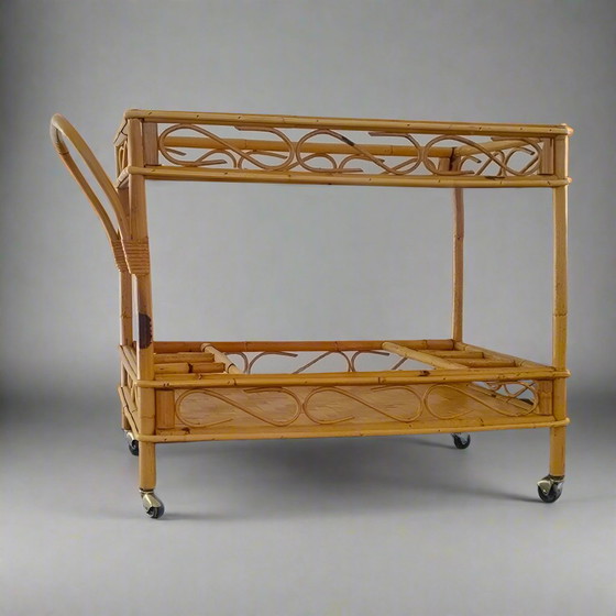 Image 1 of 1960s Gorgeous and Elegant Serving Bar Cart in Bamboo & Rattan by Franco Albini, Made in Italy
