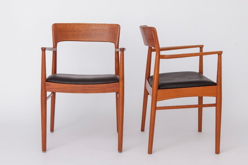 Set of 2 Henning Kjærnulf Armchairs, Korup Stolefabrik 1960s, Danish Teak Chairs, Black Leather, Mid Century Modern