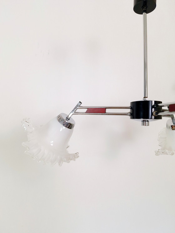 Image 1 of Vintage kroonluchter, 3 Arm Keramiek en Glas Tulp Plafondlamp, Vintage Licht Armatuur, 70s Hanglamp, Mid Century Modern Lam