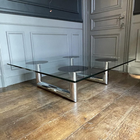 Grande table basse/de salon carrée italienne en acier tubulaire chromé, années 1970 – Livres d'art, Glass (photo 2 of 18)