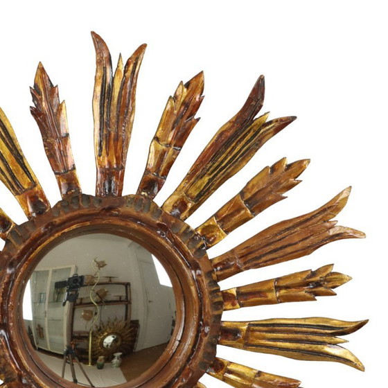 Image 1 of Vintage Wooden Sun Mirror Sunburst Gold Fifties 52cm