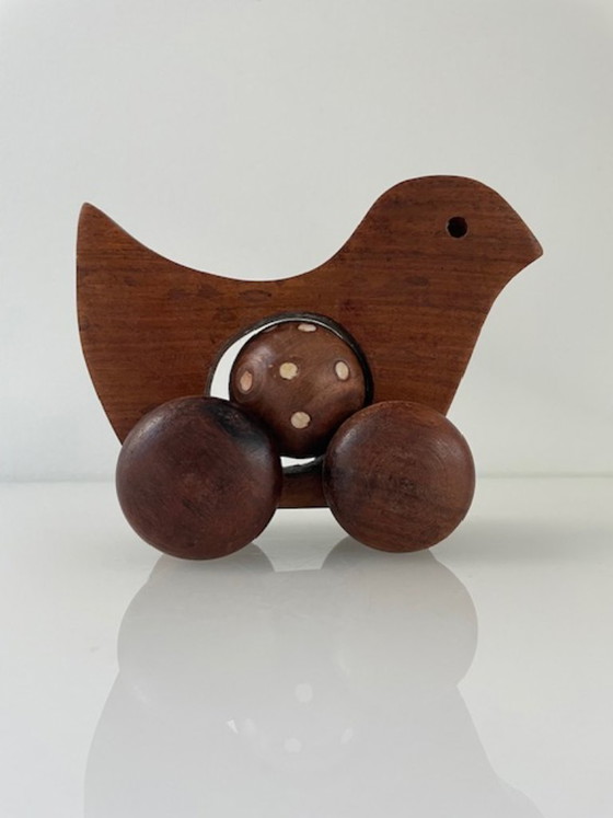 Image 1 of Vintage Scandinavian wooden duck on wheels