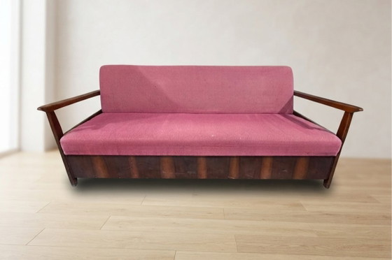 Bordeauxrode opklapbare slaapbank van Edmund Homa, mid-century modern, jaren 60, Tsjechoslowakije, 200 × 88 (photo 3 of 13)