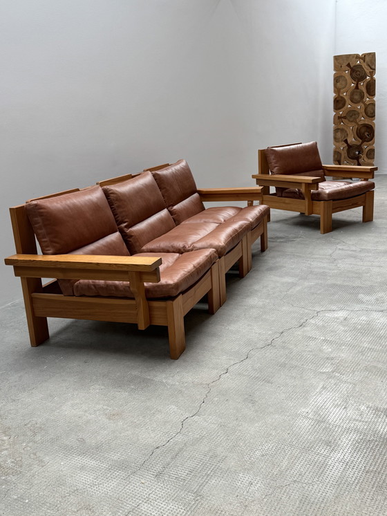 Image 1 of MODULAIRE STOEL SOFA SER PIEF HOUT MASSIEF COGNAC LEATHER IN KARIN MOBRING STIJL, SCANDINAVIA 1970
