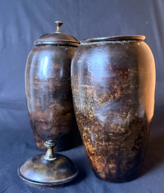 Two vintage wooden vases with lid, brown, Metal (photo 3 of 10)