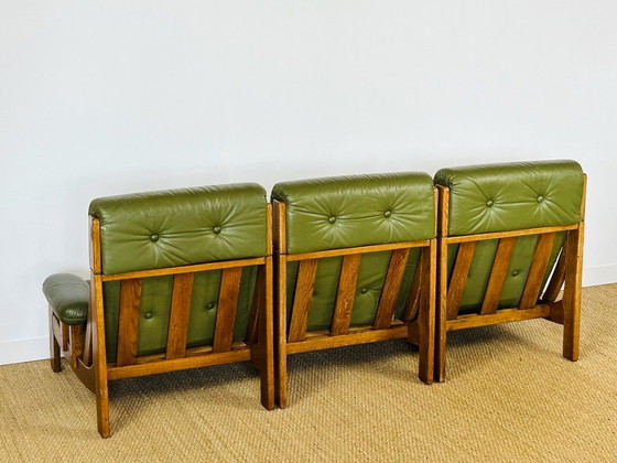Image 1 of Scandinavian sofa in green leather and oak, 1960, Set of 3