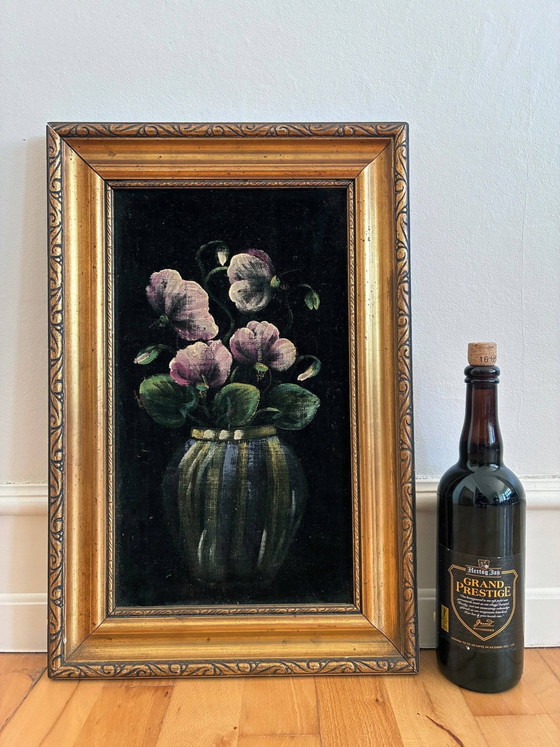 Image 1 of Set vintage original velvet flower oil painting, pair of flower still life art