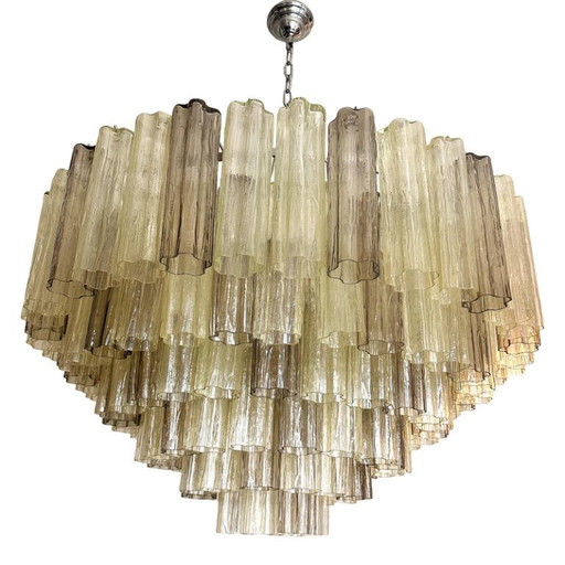 Luxe, extra grote kroonluchter van champagne- en fumé-muranoglas met Tronchi-design.