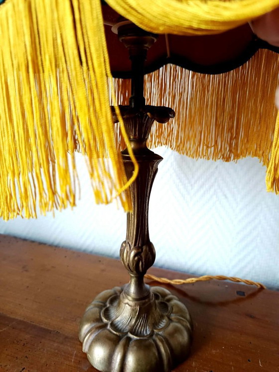 Image 1 of Art Nouveau bronze lamp with fringed lampshade