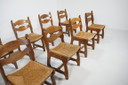 Set of 10 brutalist “Razor” chairs made from oak with rush seating, The Netherlands 1970s
