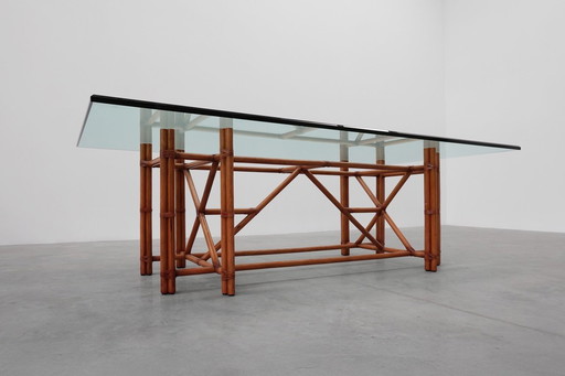 Grande table de salle à manger monumentale en bambou avec plateau en verre par Gasparucci, Italie, années 1980
