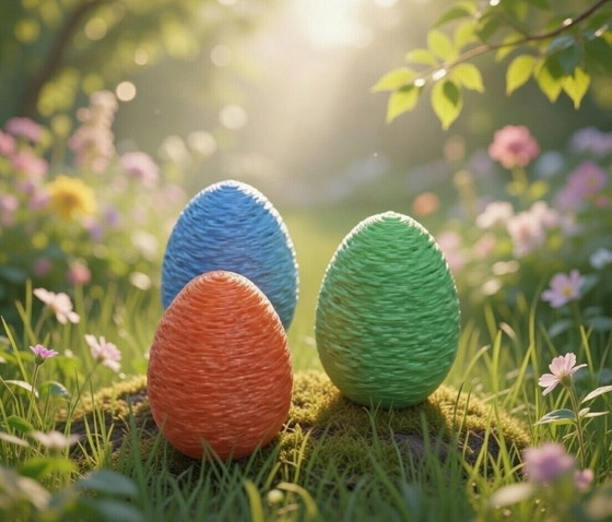 Image 1 of Moderne Osterdeko – Osterhasen Set 17cm + kleiner Hase 10cm mit bunten Eiern