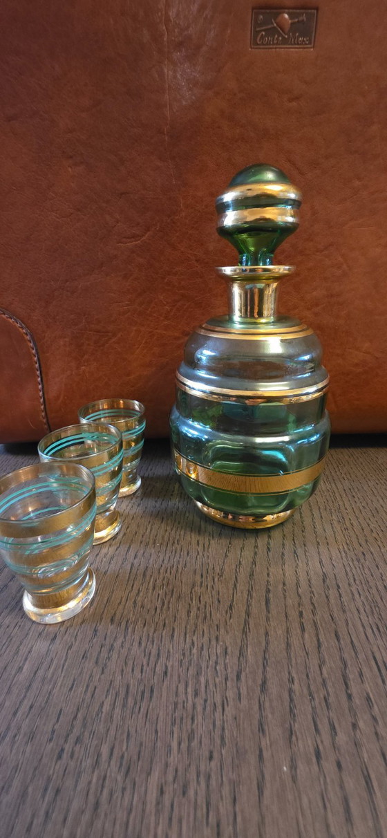 Set decanter in vetro verde con accenti dorati, booms glas, Bicchieri e caraffe, Oro, Vintage (foto 5 di 5)
