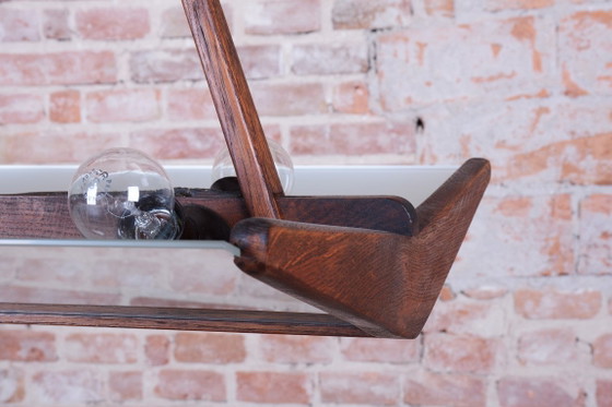 Restored Mid-Century Chandelier, Beech, Milk Glass, Rewired, Czech, 1950s, Pendant lamps, Wood, Brown (photo 9 of 10)