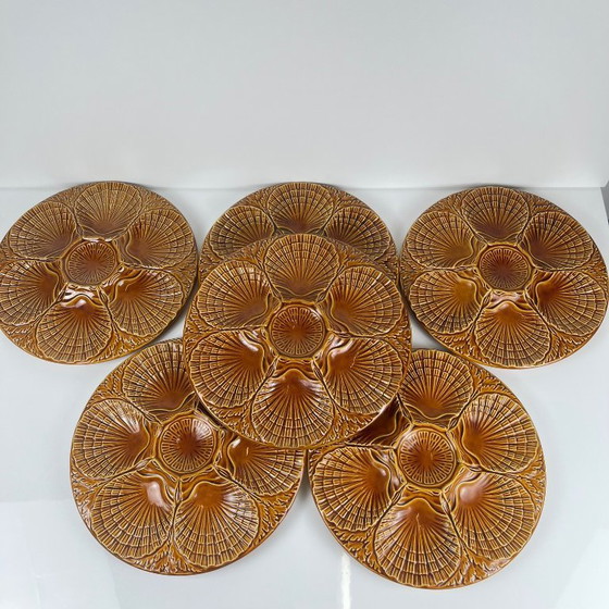 Image 1 of Set of 6 oyster plates in barbotine style by Secla, Portugal, 1970