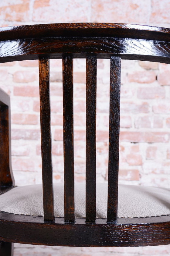 Restored Art Deco Armchair, Oak, Repolished, Reupholstred, Czech, 1920s – Textile, Wood (photo 6 of 15)