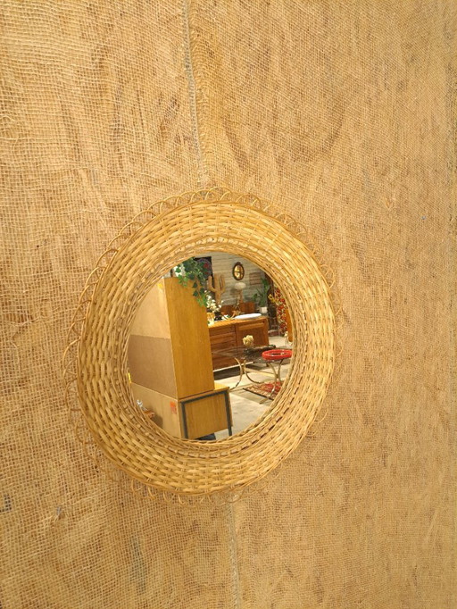Grande specchio rotondo in rattan