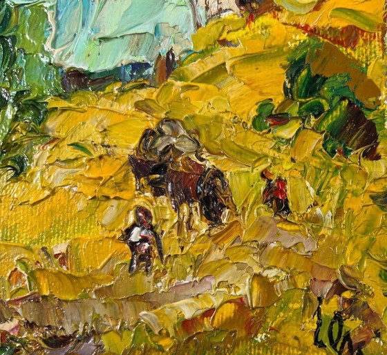 Image 1 of Origineel olieverfschilderij: Landschap met een zomerhuisje en de middag in het dorp