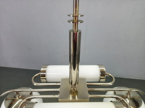 Image 1 of Exceptional Bauhaus Chrome Chandelier with Glass Shades, 1930s